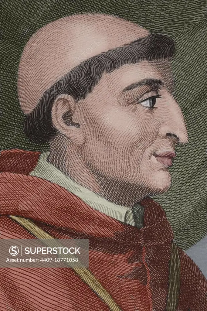 Francisco Jiménez de Cisneros, known as Cardinal Cisneros (1436-1517). Cardinal, archbishop of Toledo, Primate of Spain and 3rd General Inquisitor of Castile. Portrait, detail. Engraving by Antonio Roca Sallent. Later colouration. Las Glorias Nacionales, 1853. Author: Antonio Roca Sallent (1813-1864). Spanish engraver.