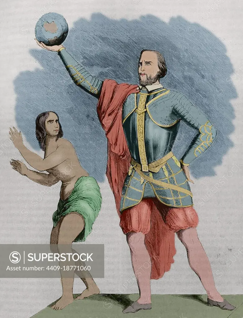 Christopher Columbus (1451-1506). Navigator, cartographer and admiral. He served the Crown of Castile. Discoverer of America in 1492. Allegorical engraving. Later colouration. Las Glorias Nacionales, 1853.