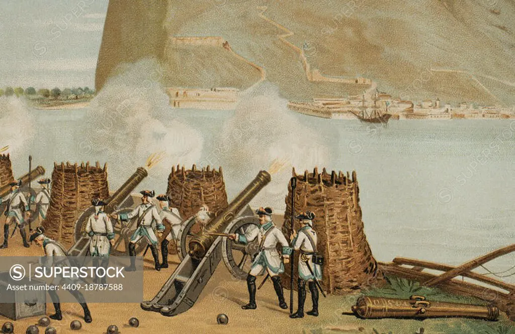 History of Spain. 18th century. Illustration depicting one of the sieges of Gibraltar. Spanish troops trying to recover the territory taken by the Anglo-Dutch coalition in 1704. Unsuccessful siege of Gibraltar. Chromolithography, detail. "Historia General de España" (General History of Spain), by Miguel Morayta. Volume V. Madrid, 1891.