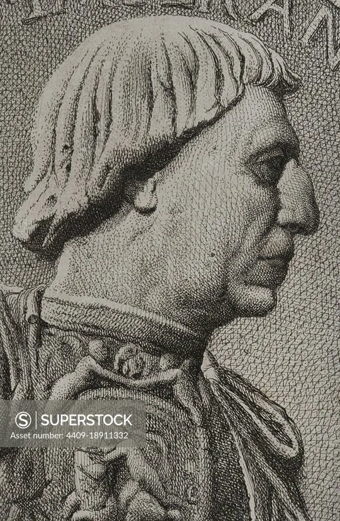 Alfonso V the Magnanimous (1396-1458). Alfonso IV as Count of Barcelona, Alfonso III as King of Valencia and Alfonso I as King of Mallorca and Naples. King of the Crown of Aragon (1416-1458). King of Naples (1442-1458). Portrait. Engraving by Masson. Lithographed by Magín Pujadas. Detail. "Historia General de España" by Modesto Lafuente. Volume II. Published in Barcelona, 1879. Author: Antoine Masson (1636-1700). French artist.