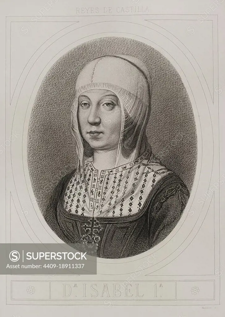 Isabella I (1451-1504). Queen of Castile (1474-1504). Queen consort of Aragon for her marriage to Ferdinand II of Aragon. Portrait. Engraving by Masson. Lithographed by Magín Pujadas. Historia General de España, by Modesto Lafuente. Volume II. Published in Barcelona, 1879. Author: Antoine Masson (1636-1700). French artist.