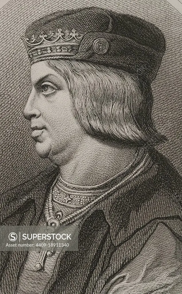 Ferdinand II of Aragon, called The Catholic (1452-1516). King of the Crown of Aragon. King of Castile as Ferdinand V (1474-1504). Portrait. Engraving by Masson. Lithographed by Magín Pujadas. Detail. "Historia General de España", by Modesto Lafuente. Volume II. Published in Barcelona, 1879. Author: Antoine Masson (1636-1700). French artist.