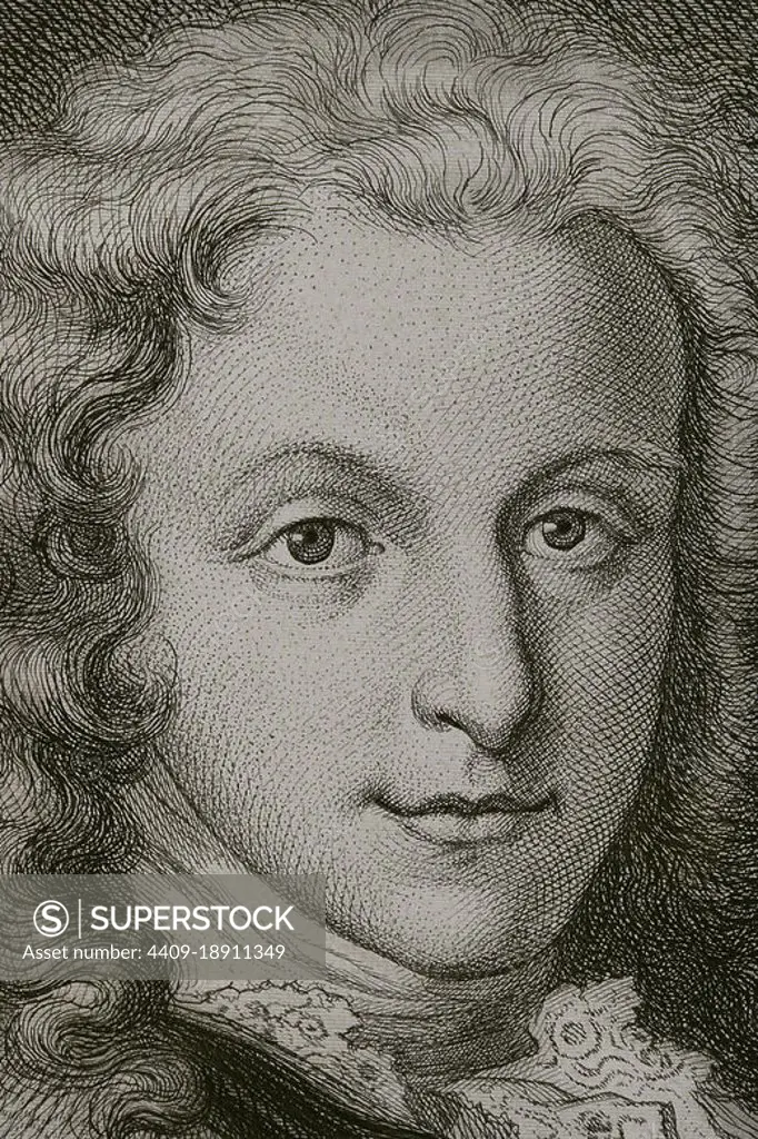 Louis I (1707-1724). King of Spain from 15 January 1724 until his death on 31 August 1724. Portrait. Engraving by Masson. Lithographed by Magín Pujadas. Detail. "Historia General de España, by Modesto Lafuente". Volume IV. Published in Barcelona, 1879. Author: Antoine Masson (1636-1700). French artist.