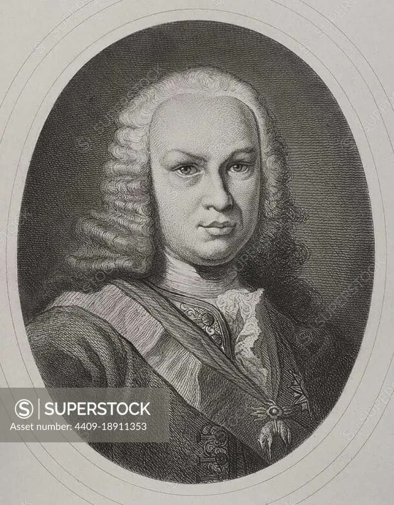 Ferdinand VI (1713-1759). King of Spain (1746-1759). Bourbon dynasty. Portrait. Engraving by Masson. Lithographed by Magín Pujadas. "Historia General de España", by Modesto Lafuente. Volume IV. Published in Barcelona, 1879. Author: Antoine Masson (1636-1700). French artist.