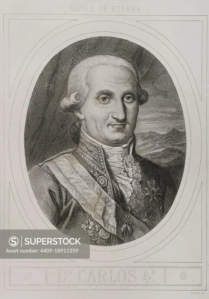 Charles IV (1748-1819). King of Spain (1788-1808), so-called el Cazador (the Hunter). Portrait. Engraving by Masson. Lithographed by Magín Pujadas. Historia General de España, by Modesto Lafuente. Volume IV. Published in Barcelona, 1879. Author: Antoine Masson (1636-1700). French artist.