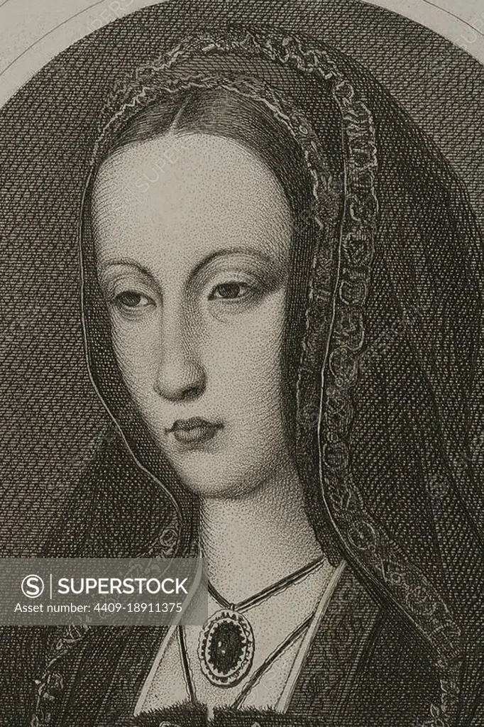 Joanna of Castile (known as Joanna the Mad) (1479-1555). Queen of Castile (1504-1555) and Aragon (from 1516), daughter of the Catholic Monarchs. Wife of Philip the Handsome. Portrait. Engraving by Masson. Lithographed by Magín Pujadas. Detail. "Historia General de España", by Modesto Lafuente. Volume II. Published in Barcelona, 1879. Author: Antoine Masson (1636-1700). French artist.