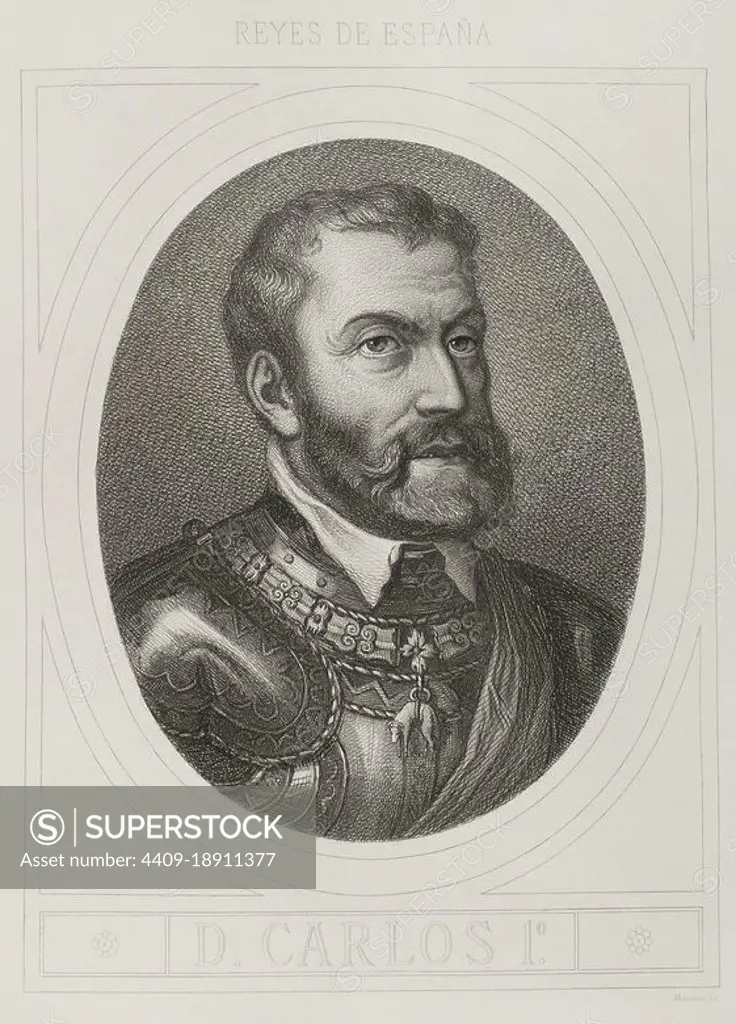 Charles V (1500-1558). Holy Roman Emperor and Archduke of Austria (1519-1556), king of Spain (1516-1556) and Lord of the Netherlands as titular Duke of Burgundy (1506-1555). Portrait. Engraving by Masson. Lithographed by Magín Pujadas. "Historia General de España", by Modesto Lafuente. Volume II. Published in Barcelona, 1879. Author: Antoine Masson (1636-1700). French artist.