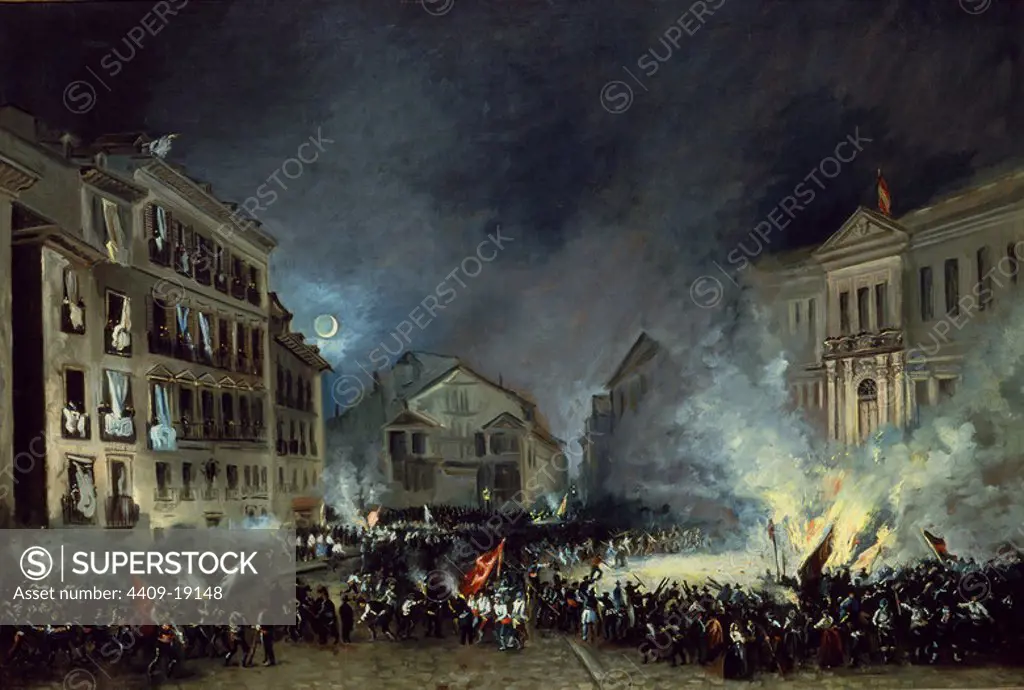 EPISODIO DE LA REVOLUCION DEL 17-7-1854 EN LA PUERTA DEL SOL - QUEMA DE BANDERAS- 68x99 - S XIX - ROMANTICISMO ESPAÑOL. Author: EUGENIO LUCAS VELAZQUEZ. Location: MUSEO DE HISTORIA-PINTURAS. SPAIN.