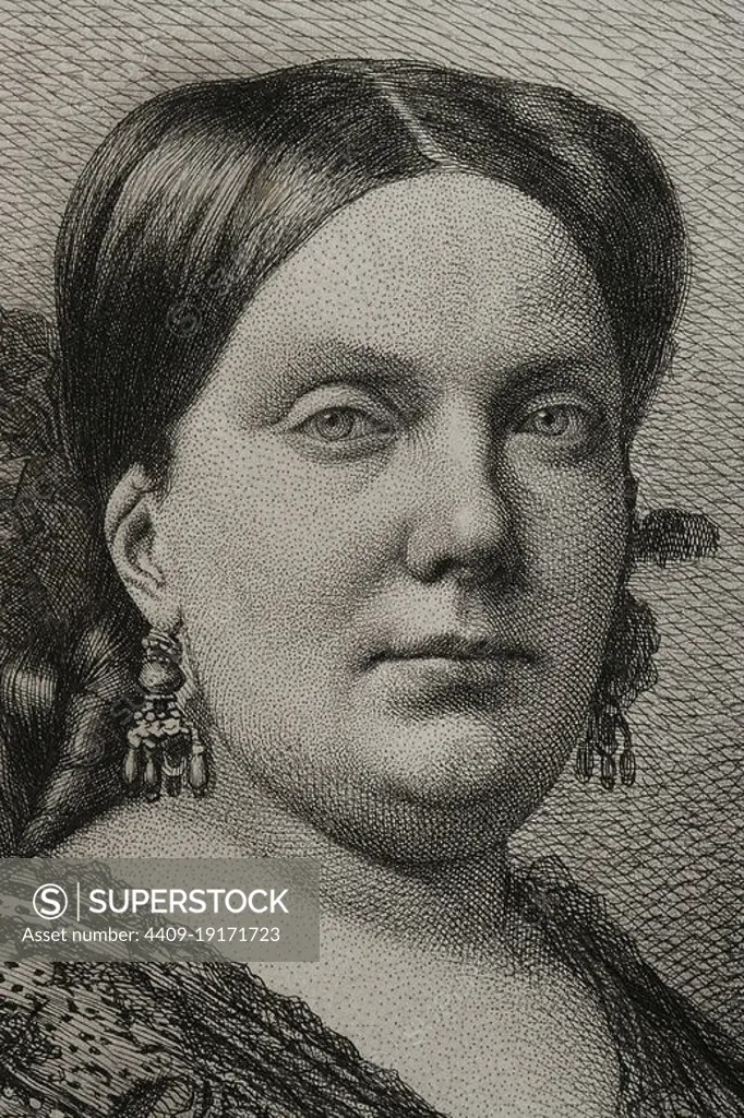 Isabella II (1830-1904). Queen of Spain from 1833 to 1868. Portrait. Engraving. Detail. Historia General de España, by Modesto Lafuente. Volume VI. Published in Barcelona, 1882.