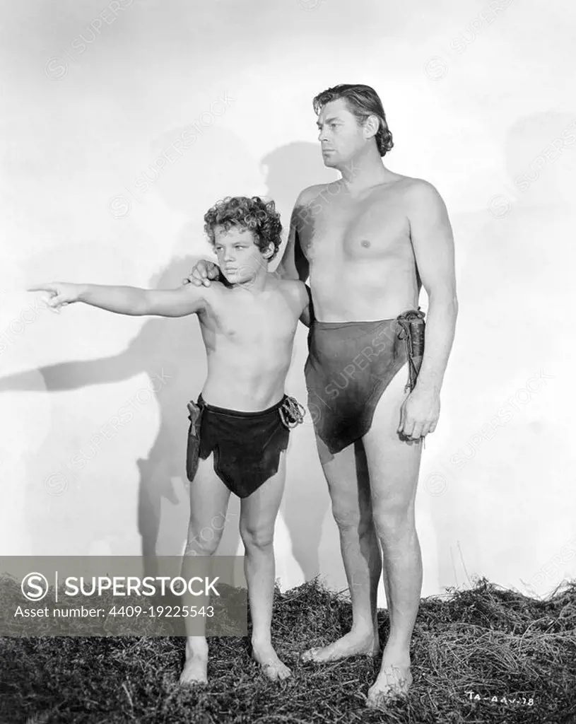 JOHNNY SHEFFIELD and JOHNNY WEISSMULLER in TARZAN AND THE AMAZONS (1945), directed by KURT NEUMANN.