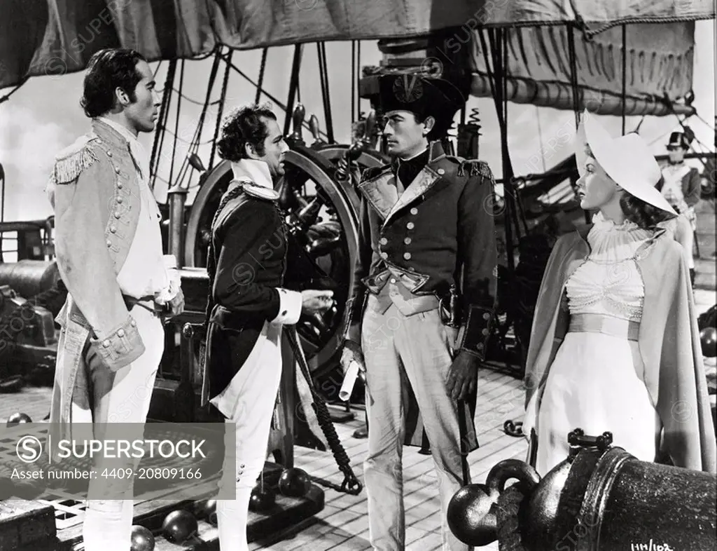 CHRISTOPHER LEE, GREGORY PECK and VIRGINIA MAYO in CAPTAIN HORATIO HORNBLOWER (1951) -Original title: CAPTAIN HORATIO HORNBLOWER R. N.-, directed by RAOUL WALSH.