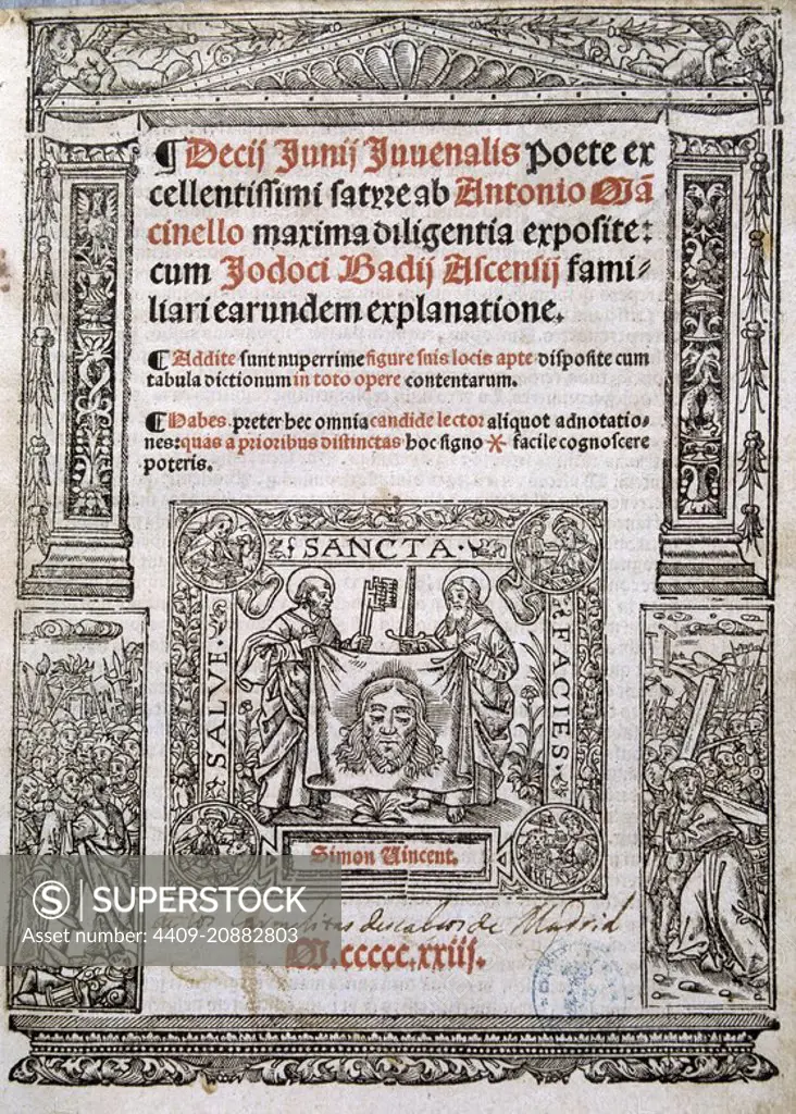 JUVENAL ( DECIMUS JUNIUS JUVENALIS ). POETA ROMANO. 60-130. PORTADA DE SU OBRA " SATIRAS ". BIBLIOTECA NACIONAL. MADRID.