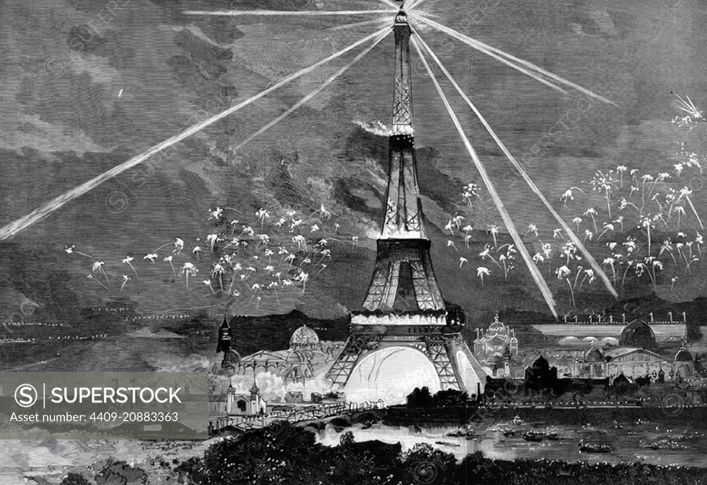 HISTORIA DE FRANCIA. EXPOSICION UNIVERSAL DE PARIS 1889. ILUMINACION DE LA TORRE EIFEEL. GRABADO DE L ¿ILUUSTRATION , AÑO 1900.