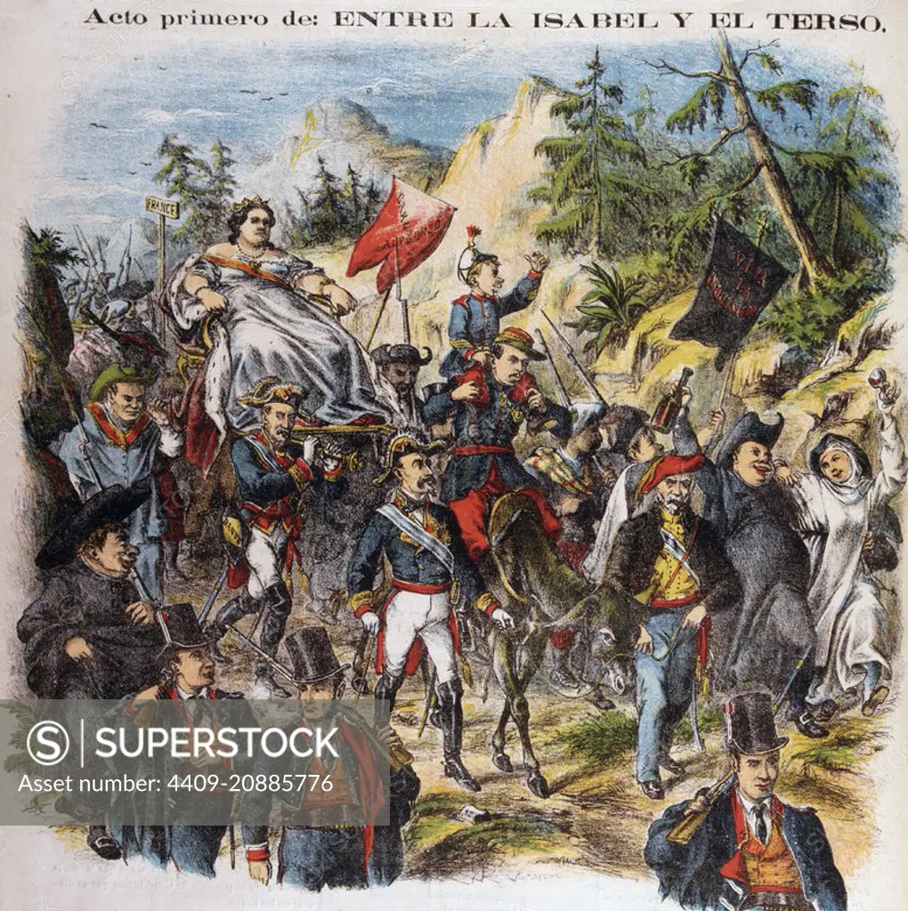 ISABEL II. REINA DE ESPAÑA. MADRID 1830-1904. CARICATURA EN LA REVISTA "LA FLACA". 21 DE ABRIL DE 1869 LA REINA ISABEL PARTE HACIA SU EXILIO EN PARIS , COMO CONSECUENCIA DE LA REVOLUCION DE 1868 , LA GLORIOSA.