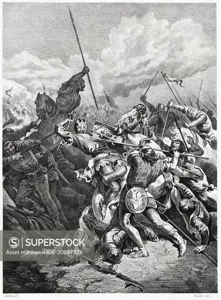 Historia de España. Batalla de Muret el 12 de septiembre de 1213; la contienda enfrentó a Pedro II de Aragón contra las tropas de la cruzada albigense y las de Felipe II de Francia lideradas por Simón IV de Montfort. Grabado de 1872.
