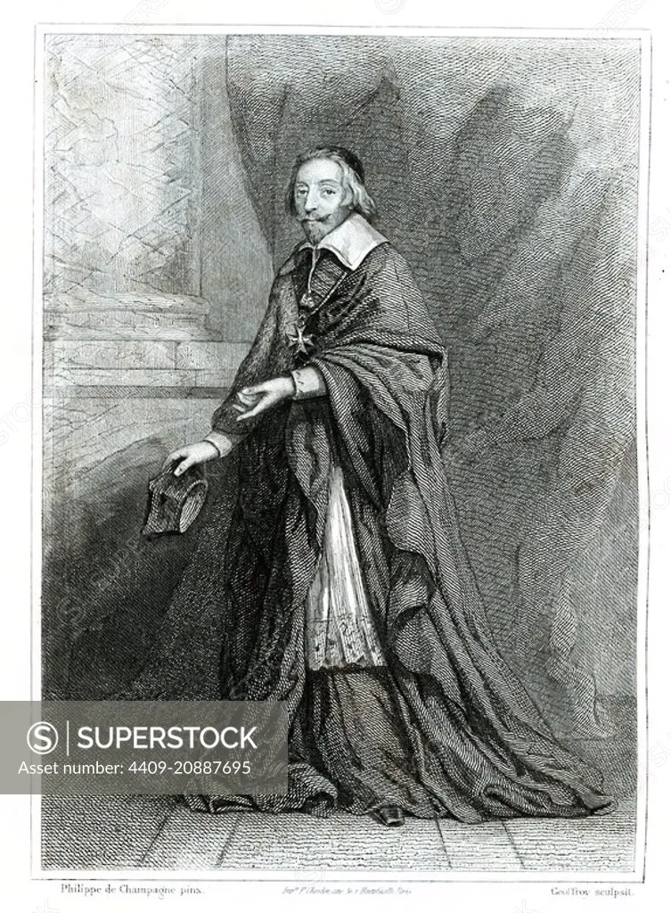 Francia. El Cardenal Armando Richelieu (1582-1642), estadista y primer ministro francés. Grabado de 1853. CARDINAL RICHELIEU. Armand Jean Du Plessis.