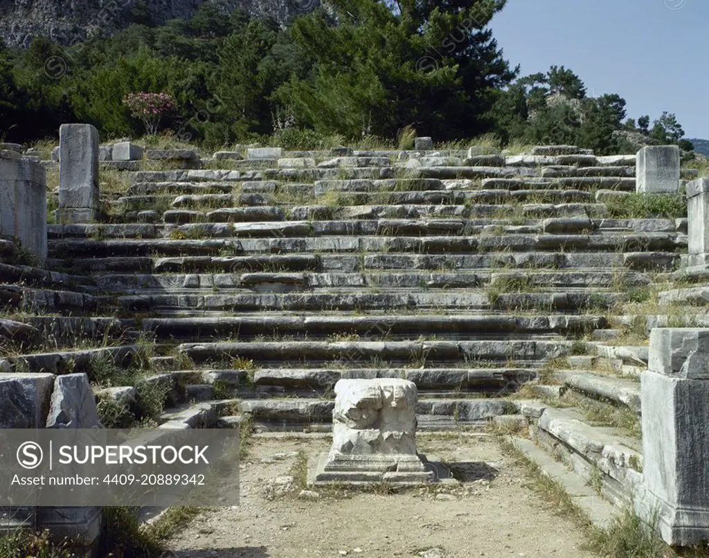 Turkey. Priene. Ancient Greek city of Ionia. Bouleuterion (senate house). 2nd century AD. In the center, an altar. Ruins. Anatolia.