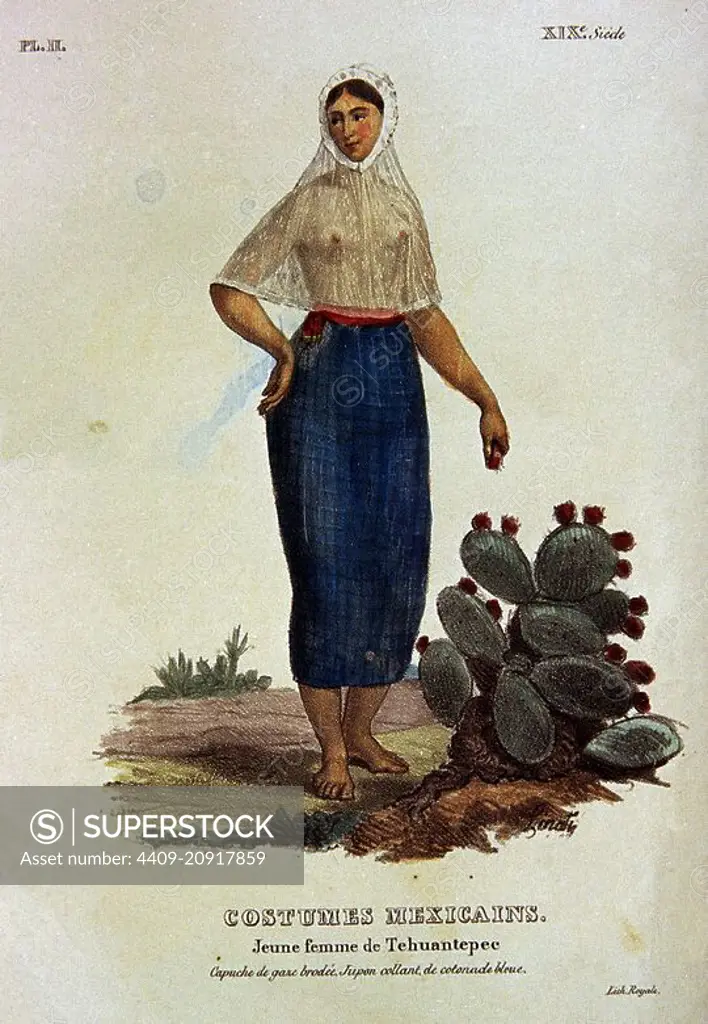 TRAJES CIVILES MILITARES Y RELIGIOSOS DE MEXICO - 1828 - MUJER JOVEN DE TEHUANTEPEC - LITOGRAFIA SIGLO XIX. Author: CLAUDIO LINATI. Location: MUSEO DE AMERICA-COLECCION. MADRID. SPAIN.