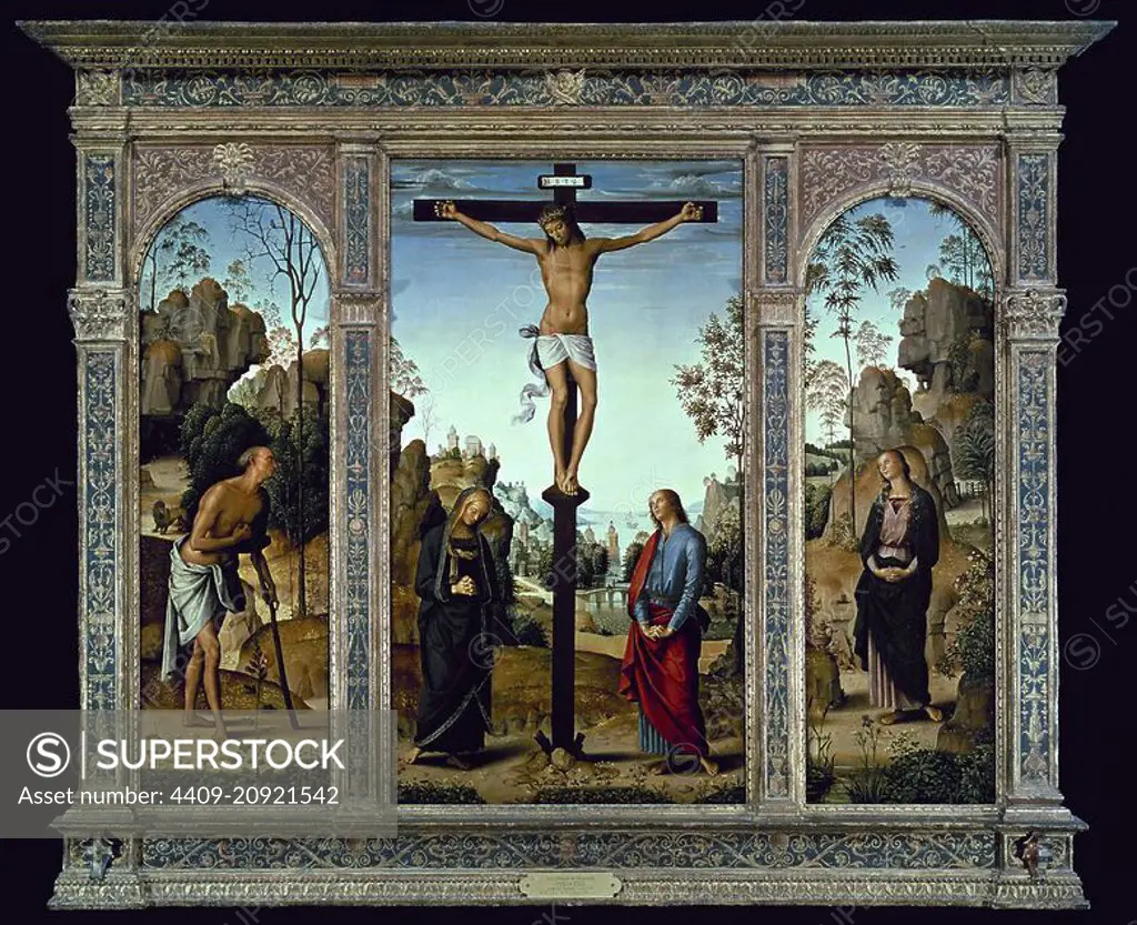 CRUCIFIXION CON SANTOS (*1445/+1523). Author: PIETRO PERUGINO. Location:  NATIONAL GALLERY. WASHINGTON D. C. VIRGIN MARY. CRISTO CRUCIFICADO. XXX.  SAN JUAN EVANGELISTA Y APOSTOL. - SuperStock