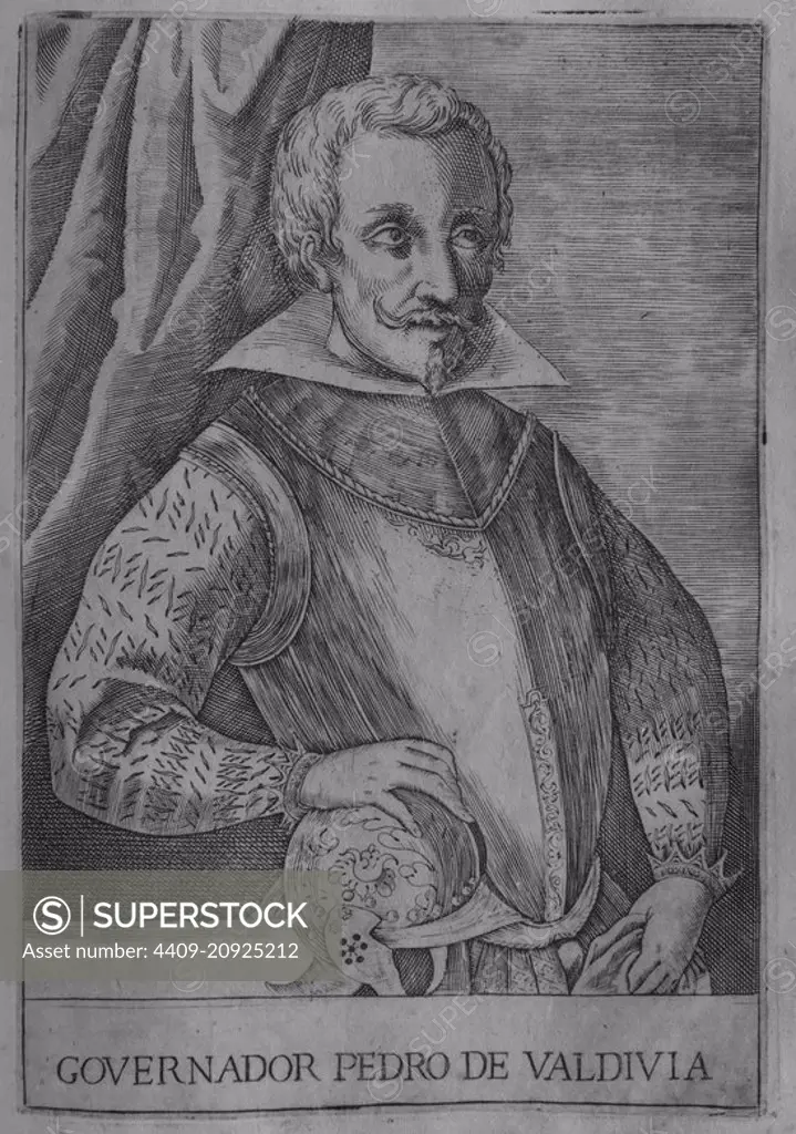 PEDRO DE VALDIVIA - 1497/1553 - 205x140 - ILUSTRACION DE LA HISTORICA RELACION DEL REINO DE CHILE - 1646. Author: ALONSO DE OVALLE. Location: BIBLIOTECA NACIONAL-COLECCION. MADRID. SPAIN.