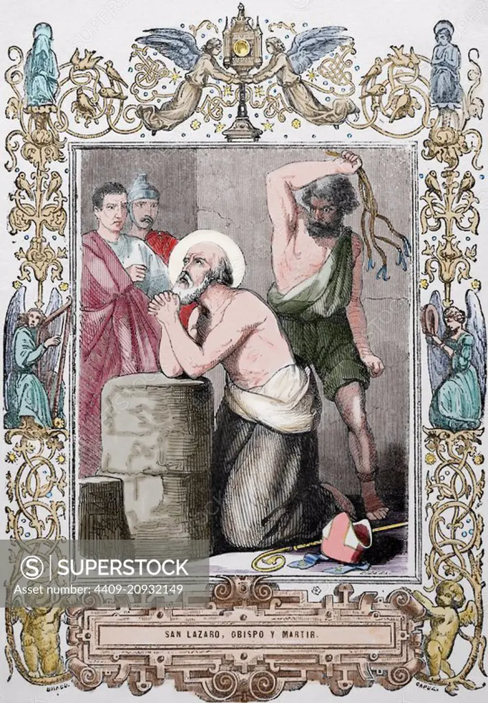 Lazarus of Bethany or Saint Lazarus. Jesus restores him to life for days after his death. Martyrdom. Engraving by Cibera "Ano Cristiano", 1853. Colored.