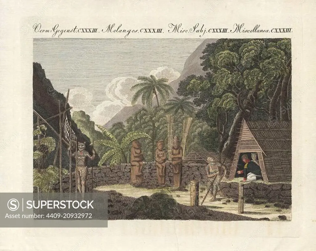 Morai or cemetery with carved wooden idols on the island of Nuku Hiva, Marquesas Islands, Polynesia, circa 1800. Tattooed natives show a Russian sailor a tomb, while another attaches white cotton fabric to coconut poles. Handcoloured copperplate engraving from Bertuch's "Bilderbuch fur Kinder" (Picture Book for Children), Weimar, 1807. Friedrich Johann Bertuch (1747-1822) was a German publisher and man of arts most famous for his 12-volume encyclopedia for children illustrated with 1,200 engraved plates on natural history, science, costume, mythology, etc., published from 1790-1830.