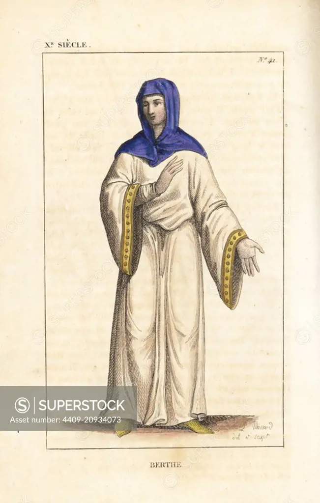 Bertha, daughter of King Lothair II and his concubine Waldrada, 863-925. She wears a veil tied at the throat, and two tunics, the top one with gold cuffs. Handcoloured copperplate drawn and engraved by Leopold Massard from "French Costumes from King Clovis to Our Days," Massard, Mifliez, Paris, 1834.