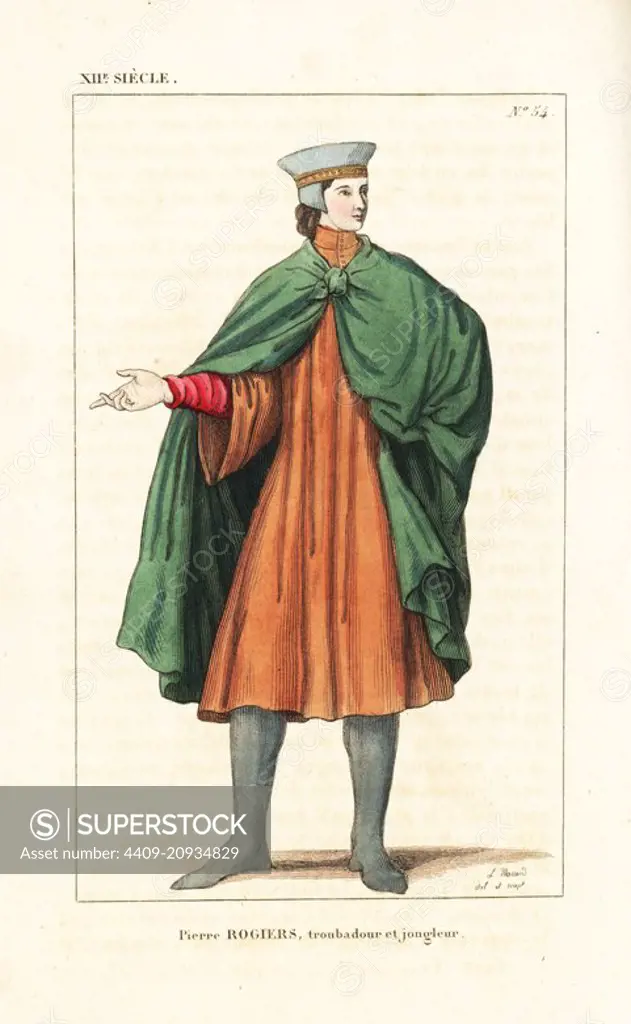 Pierre Rogiers, troubadour and musician, 12th century. He wears a hat adorned with gold buttons, green cape tied at the breast, red tunic and lead-coloured stockings. From a French manuscript in the Vatican library. Handcoloured copperplate drawn and engraved by Leopold Massard from "French Costumes from King Clovis to Our Days," Massard, Mifliez, Paris, 1834.