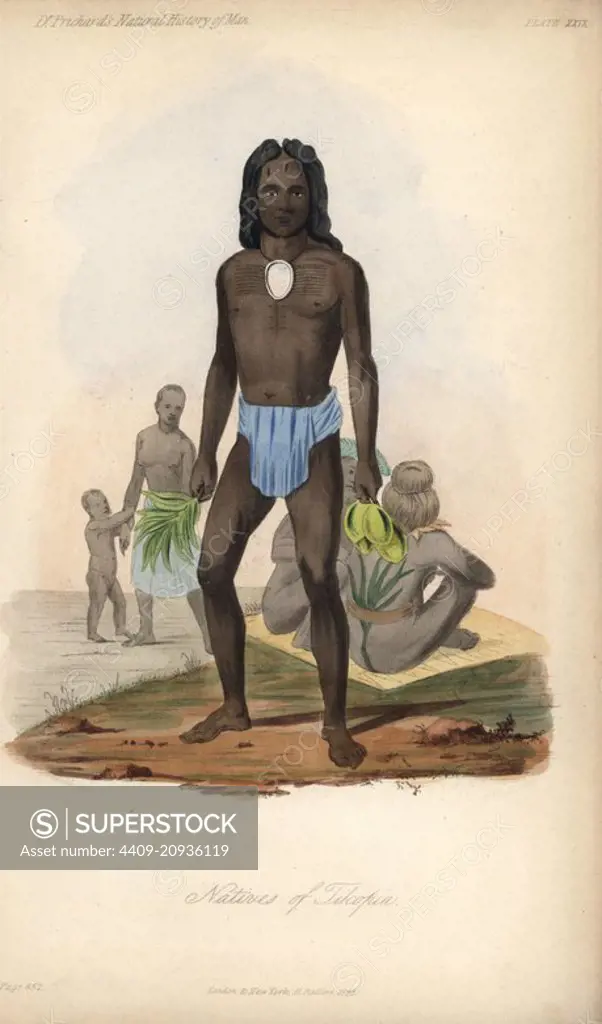 Natives of Tikopia island, Solomon Islands, Pacific ocean, 19th century. He wears a large pendant on a choker, blue loincloth and holds handfulls of leaves. Illustration by Toioske in d'Urville's "Voyage de la corvette l'Astrolabe." Handcoloured lithograph by J. Bull from James Cowles Prichard's Natural History of Man, Balliere, London, 1855.