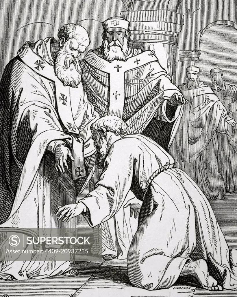 Pope Marcellinus (died October 304). Bishop of Rome from 30 June 296 to 304. Engraving by Cibera. Ano Cristiano, 1851.