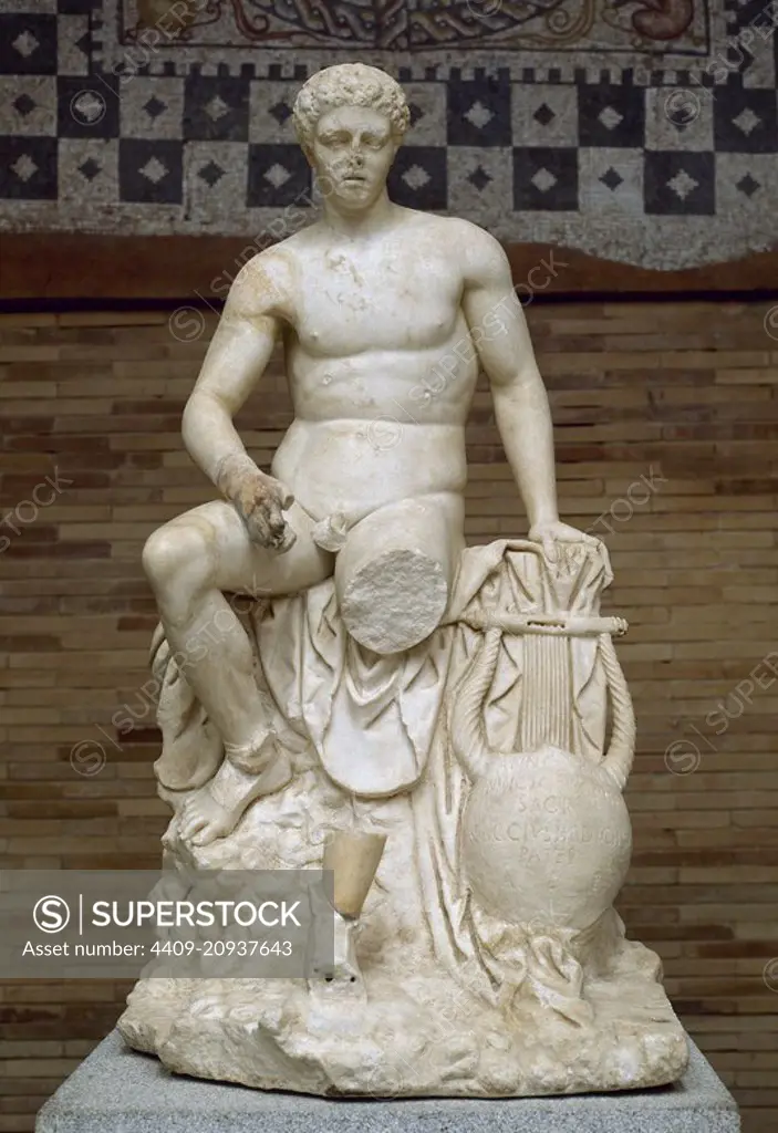 Statue of God Mercury resting on a rock with the lyre of turtle shell and antelope horns, 155 AD. Borba Estremoz marble. From Cerro de San Albin (Merida, Extremadura, Spain). National Museum of Roman Art. Merida, Badajoz province, Extremadura, Spain.