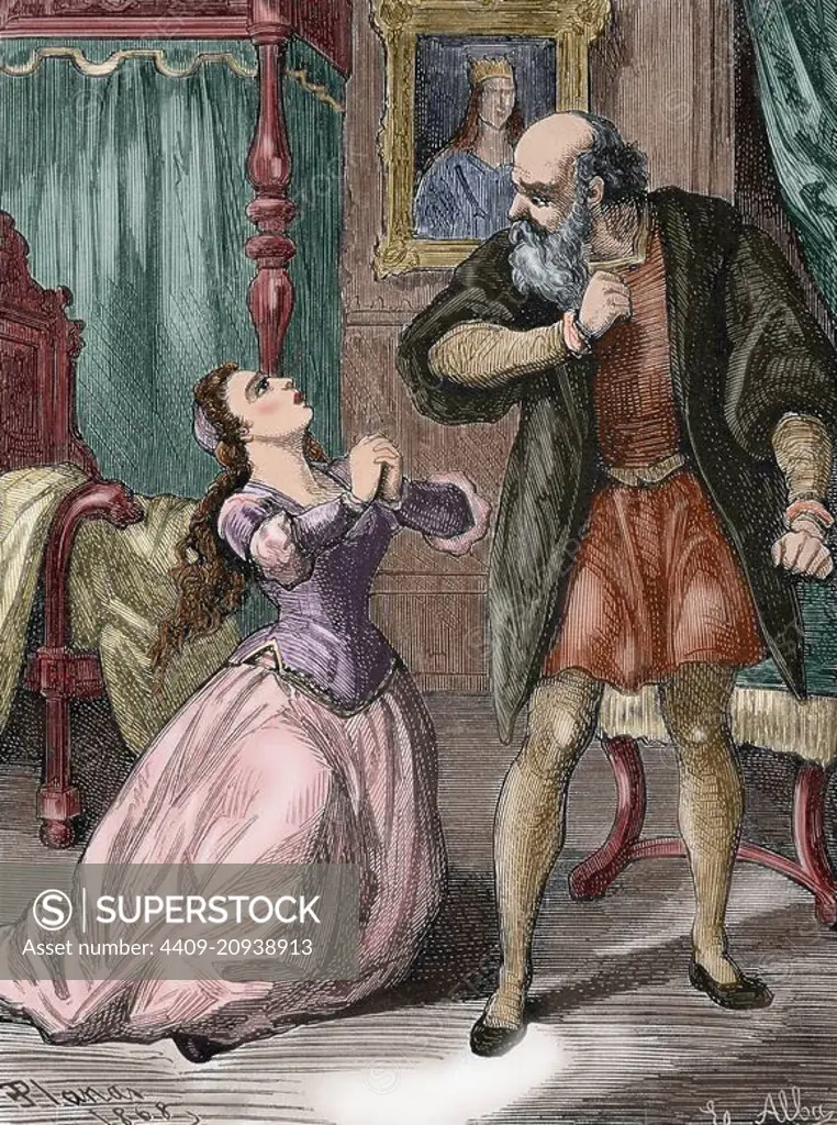 William Shakespeare (1564-1616). English writer. Romeo and Juliet. Juliet begs her father's pardon. Engraving by Planas, 1868. Colored.