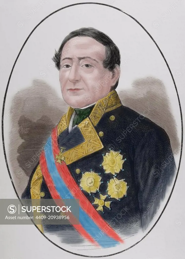 Juan Jose Martinez y Espinosa (1804-1875). Spanish Navy and Admiral of the Spanish Armada. Engraving by Paris. La Ilustracion Espanola y Americana, 1875. Colored.