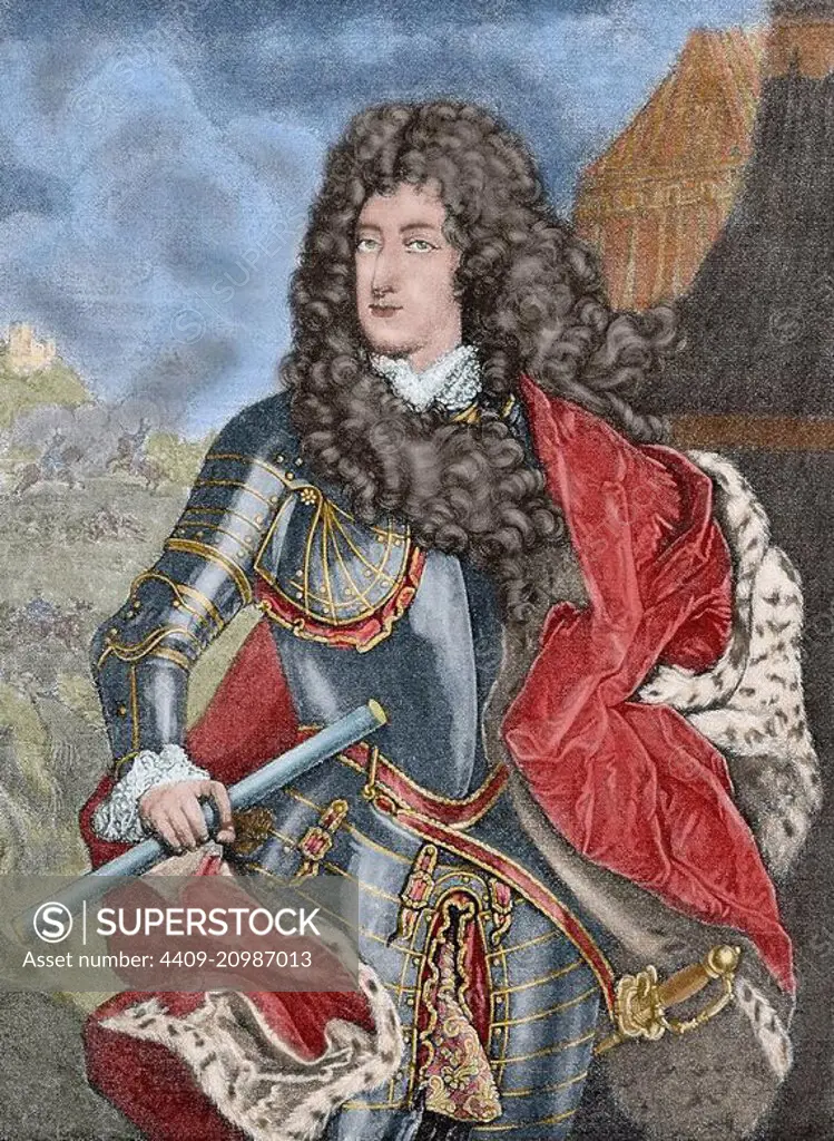 Maximilian II Emanuel, Elector of Bavaria (1662-1726), also known as Max Emanuel or Maximilian Emanuel. Wittelsbach ruler of Bavaria and a Kurfu_rst of the Holy Roman Empire. Portrait. engraving in "Historia Universal", 1885. Colored.