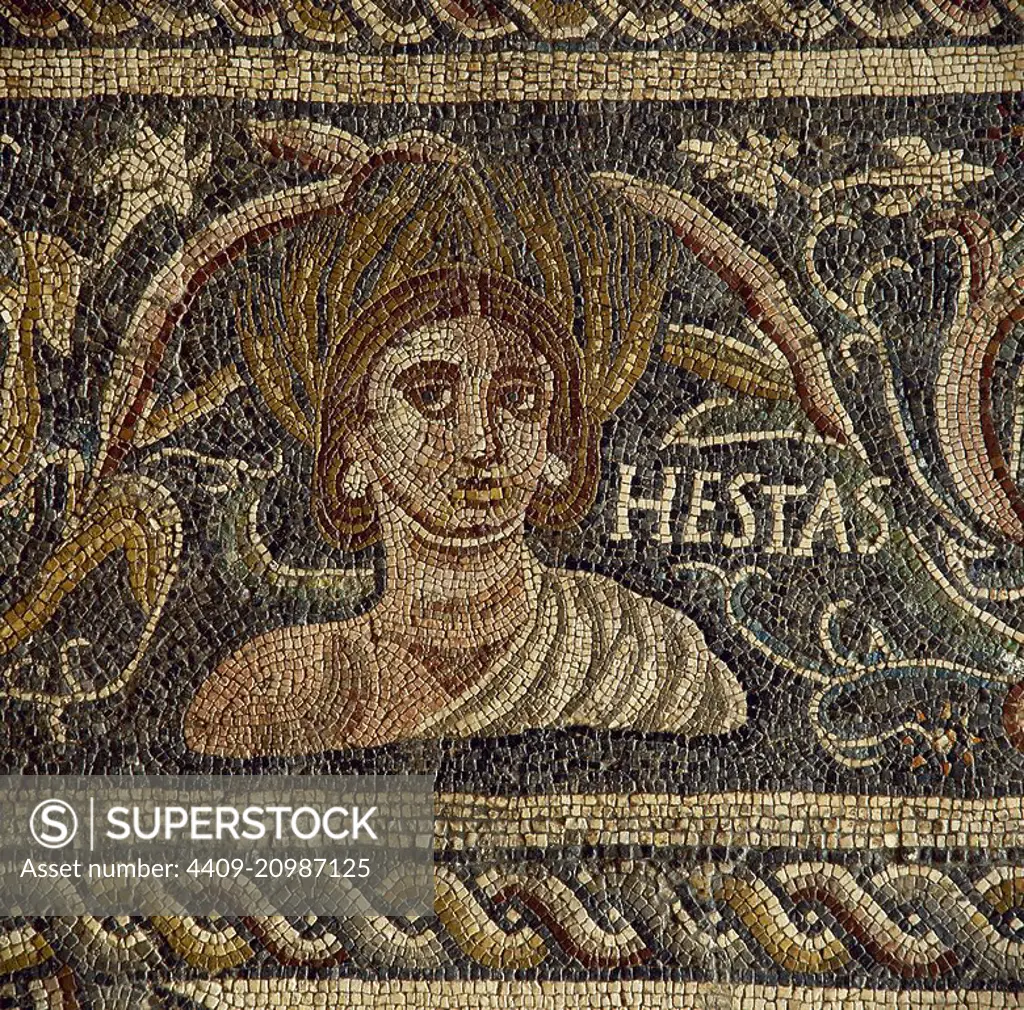 Roman mosaic. Female figure depicting the Spring (Hestas). 4th century. It comes from Villa Las Tiendas. Merida (Augusta Emerita). National Museum of Roman Art. Merida. Spain.