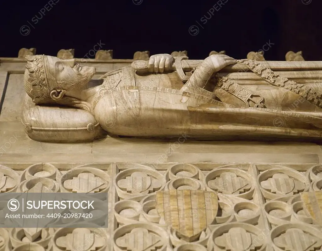 James I of Aragon The Conqueror (Montpellier, 1208-Valencia, 1276). King of Aragon, Count of Barcelona, Lord of Montpellier, King of Majorca and Valencia. House of Barcelona. Tomb effigy of James I , detail. Royal Pantheon (north side). Monastery of Poblet. Comarca of Conca de Barbera, Tarragona province, Catalonia, Spain.