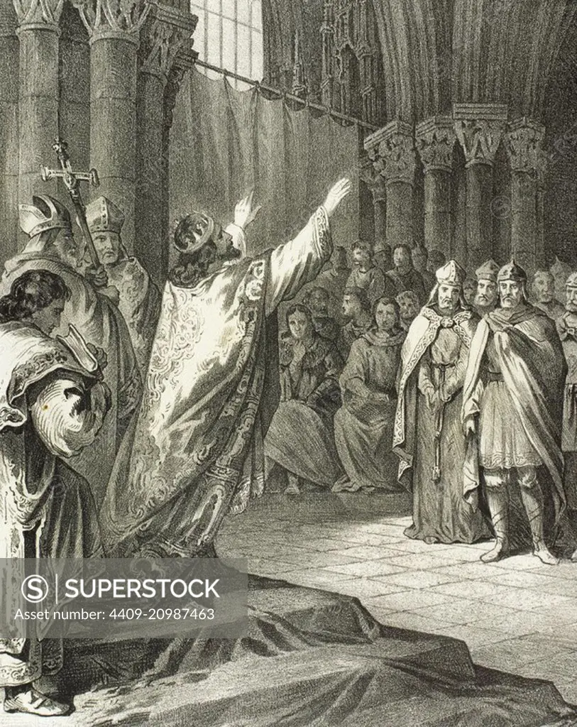 Reccared I (559Ð601). Visigothic King of Hispania, Septimania and Galicia (586Ð601). The Reccared I conversion, renouncing to the Arianism and converting to Christianity during the Third Council of Toledo, 589. Engraving in the Illustrated History of Spain, 19th century.