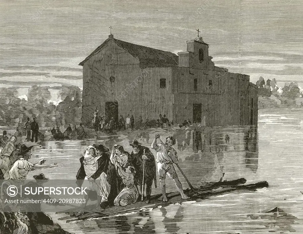 Spain. Murcia. The flood of Santa Teresa (15 October 1879). Segura River basin. Rafael Garcia Bermejo, known as "El Torrao" helps several people in a raft of reeds. Engraving by Rico. "La Ilustracio_n Espan_ola y Americana", 1879.