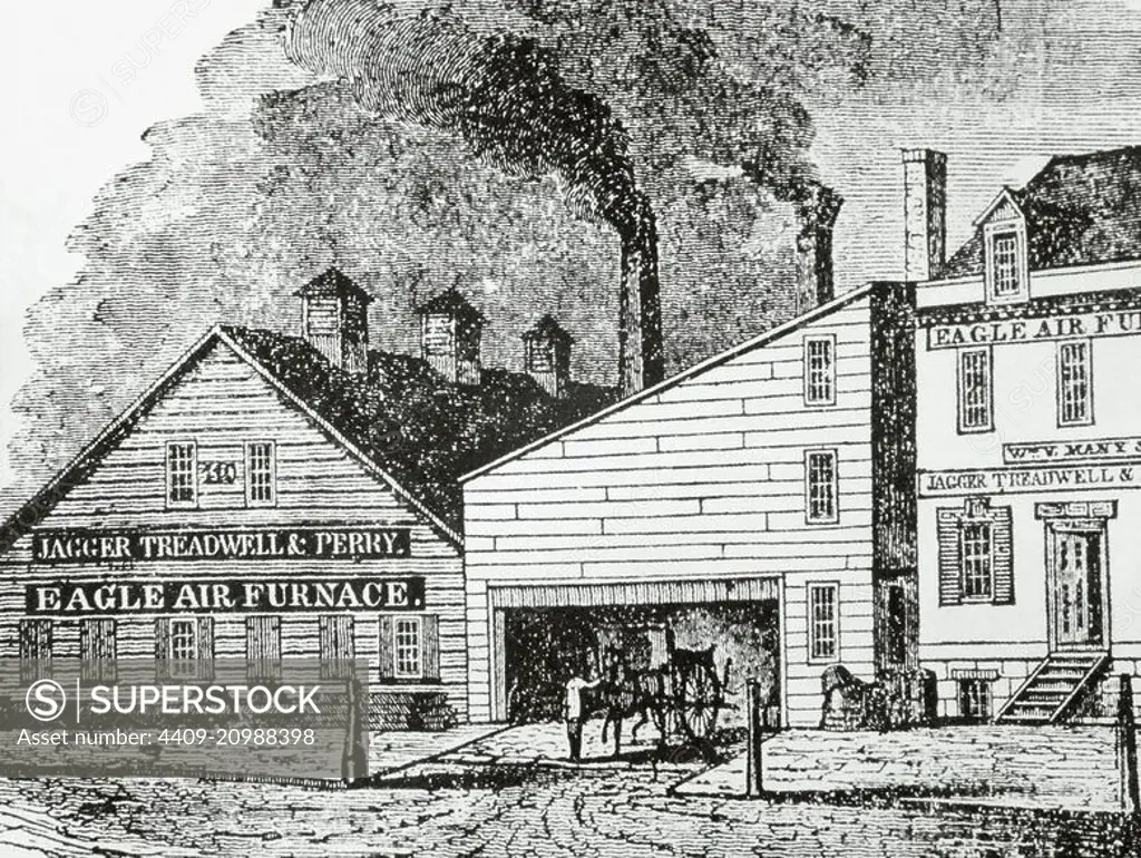 The United States. 19th century. Factory Jagger Treadwell and Perry. Eagle Air Furnace. Albany. New York state. Engraving.