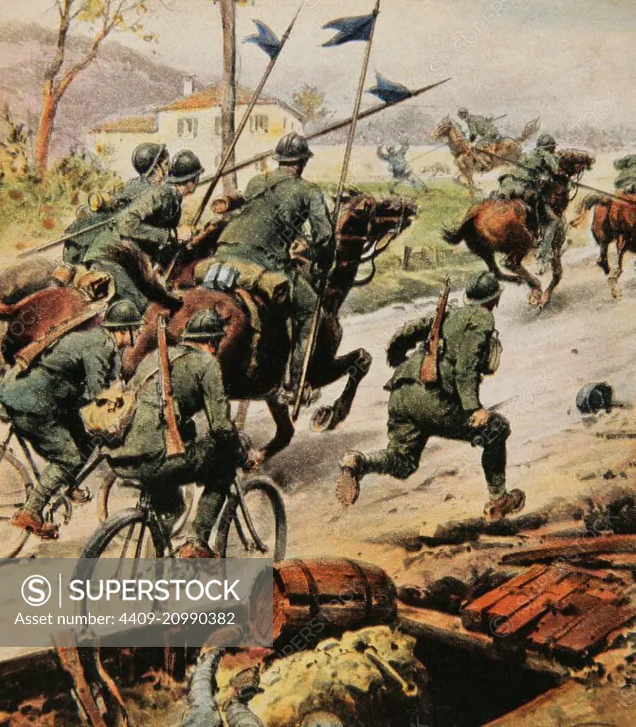 World War I (1914-1918). The Italian cavalry chases the enemy. Engraving in La Domenica del Corriere, Italy.