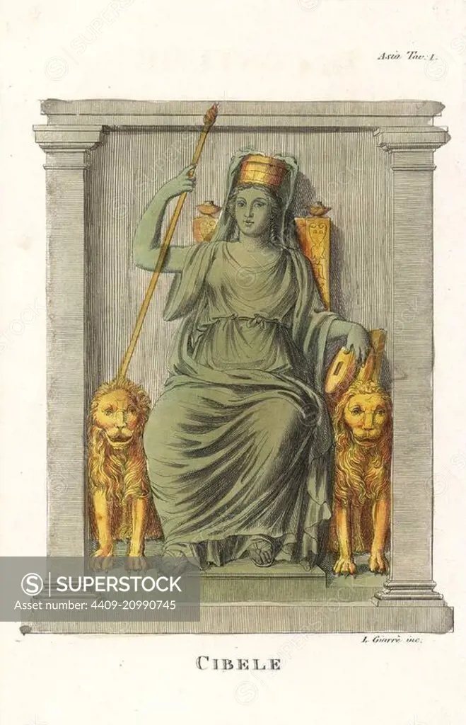 Statue of Cybele, the earth mother goddess, seated on her lion throne with sceptre and mural crown. Handcoloured copperplate engraving by Luigi Giarre from Giulio Ferrario's Ancient and Modern Costumes of all the Peoples of the World, Florence, Italy, 1843.