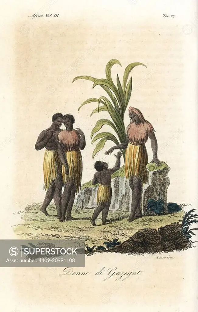 Costumes of the Bijagos women, native to Cazegut in the Bissagos Islands off Guinea Bissau. Women with their hair dyed red and dressed with palm oil, and grass skirts. Handcoloured copperplate engraving by Antonio Sasso from Giulio Ferrario's Ancient and Modern Costumes of all the Peoples of the World, Florence, Italy, 1843.