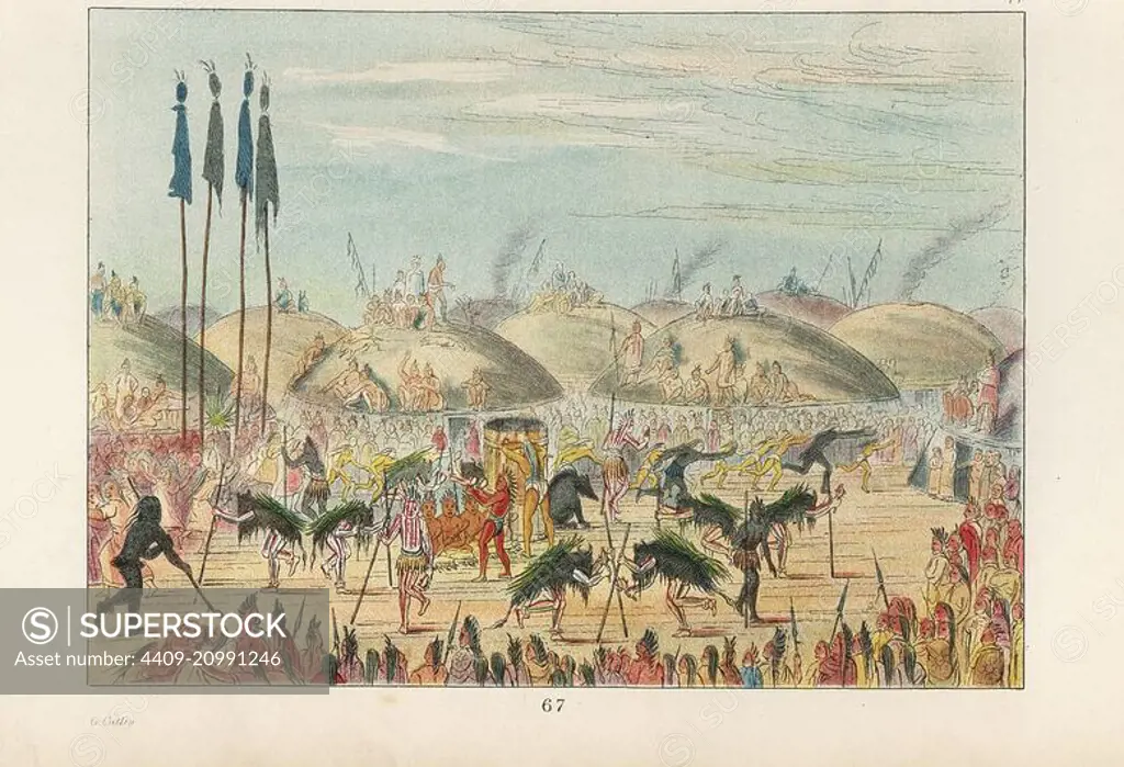 Mandan religious ceremony - the bull or buffalo dance, Bel-lohck nah-pick or O-Kee-Pa. Eight young men in buffalo skins dance with four men painted red and black, while the villagers watch from the lodge roofs. Handcoloured lithograph from George Catlin's Manners, Customs and Condition of the North American Indians, London, 1841.