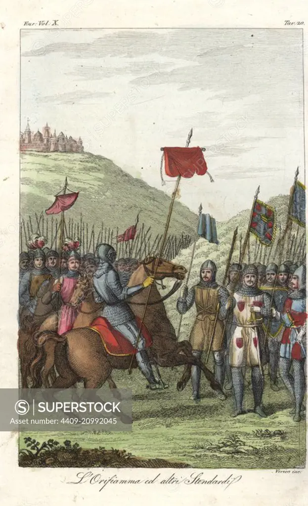 The oriflammes of Saint Dionysius and the House of Harcourt, battle standards of the King of France, and other standards carried by medieval knights on a battlefield. Handcoloured copperplate engraving by Verico from Giulio Ferrario's Ancient and Modern Costumes of all the Peoples of the World, Florence, Italy, 1844.