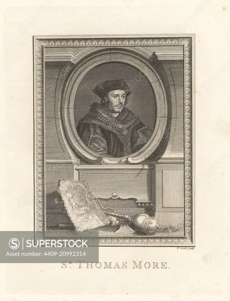 Sir Thomas More, statesman and philosopher, era of King Henry VIII, 1478-1535, in oval above vignette of sceptre and axe. Copperplate engraving by Thomas Cook from The Copper Plate Magazine or Monthly Treasure, G. Kearsley, London, 1778.