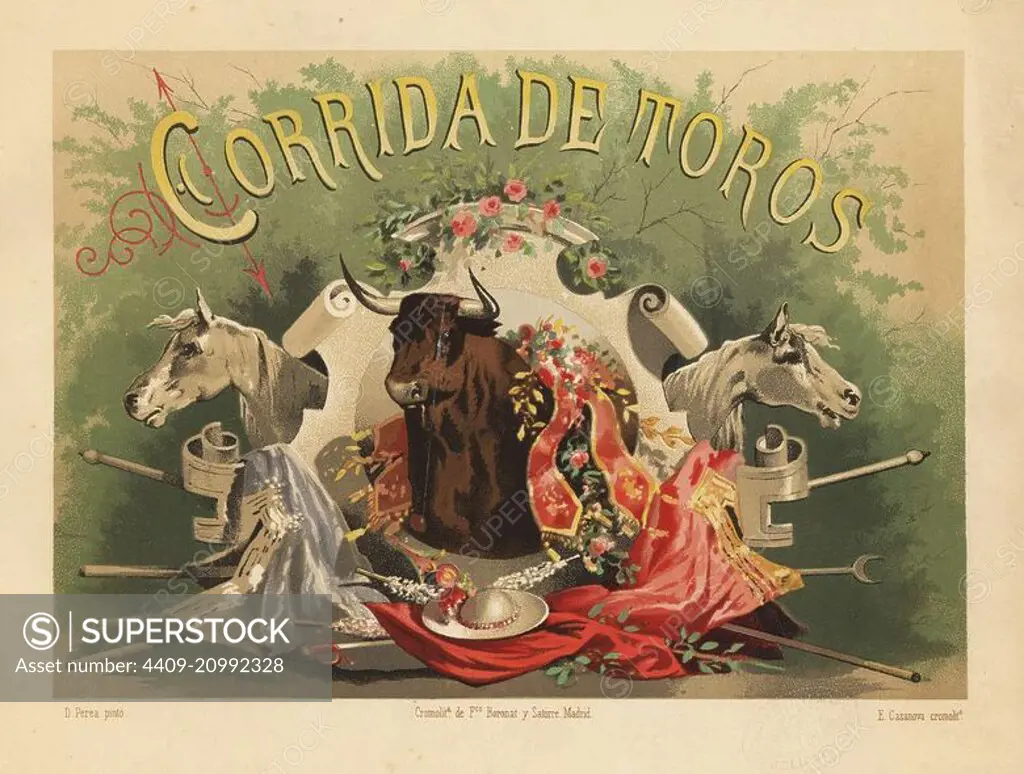 Title page with vignette of bull, picador horses, lances, banderillas, ribbons, and flowers. Chromolithograph by E. Casanova after an illustration by Daniel Perea from Bullfight, Corrida del Toros, Madrid, Boronat & Satorre, 1894.