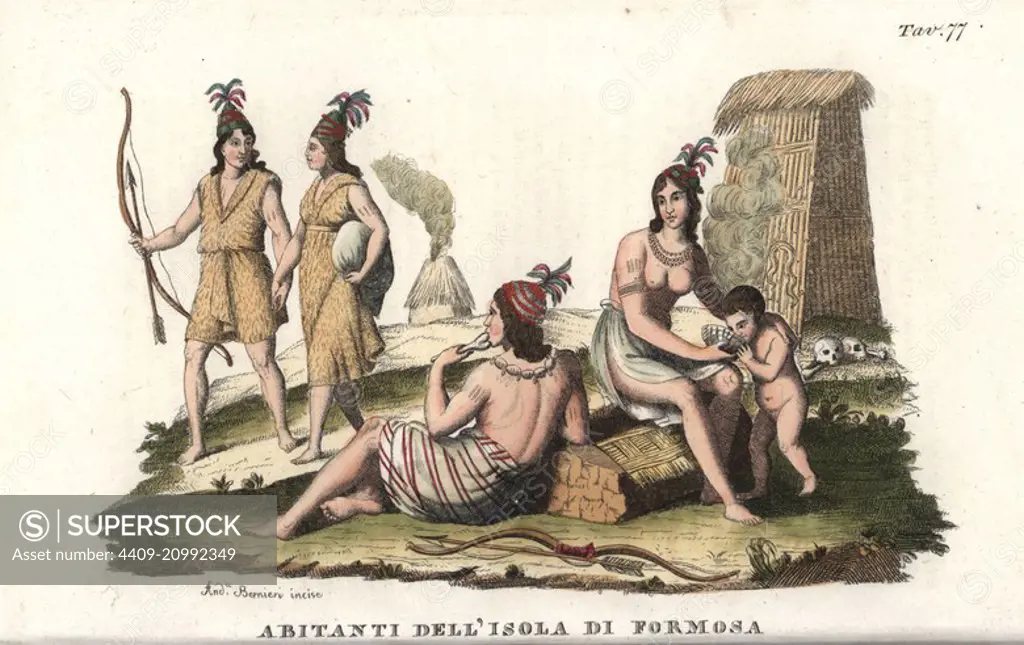 Natives of the island of Formosa (Taiwan), depicted as headhunters and cannibals, 1820s. Handcoloured copperplate engraving by Andrea Bernieri from Giulio Ferrrario's Costumes Antique and Modern of All Peoples (Il Costume Antico e Moderno di Tutti i Popoli), Florence, 1842.