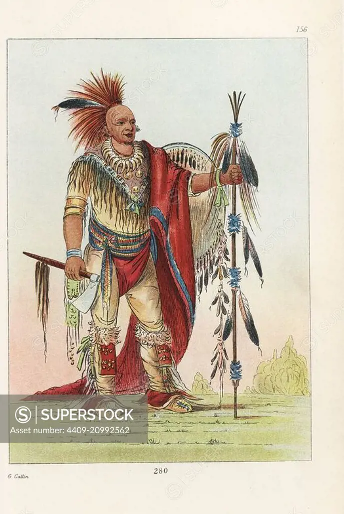 Meskwaki chief Kee-o-kuk, Running Fox, with shield, staff, tomahawk decorated with scalp-locks, bear teeth necklace, moccasins, and blanket. Handcoloured lithograph from George Catlin's Manners, Customs and Condition of the North American Indians, London, 1841.