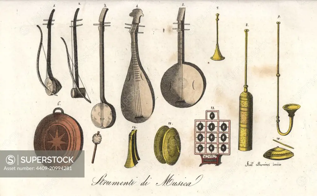 Chinese musical instruments: two-string erhu 1,2, three-string erhu 3, four-string pipa 4,5, gong 6, horns and percussion, yunluo cloud gong 11, and paiban 12. Handcoloured copperplate engraving by Andrea Bernieri from Giulio Ferrrario's Costumes Antique and Modern of All Peoples (Il Costume Antico e Moderno di Tutti i Popoli), Florence, 1842.