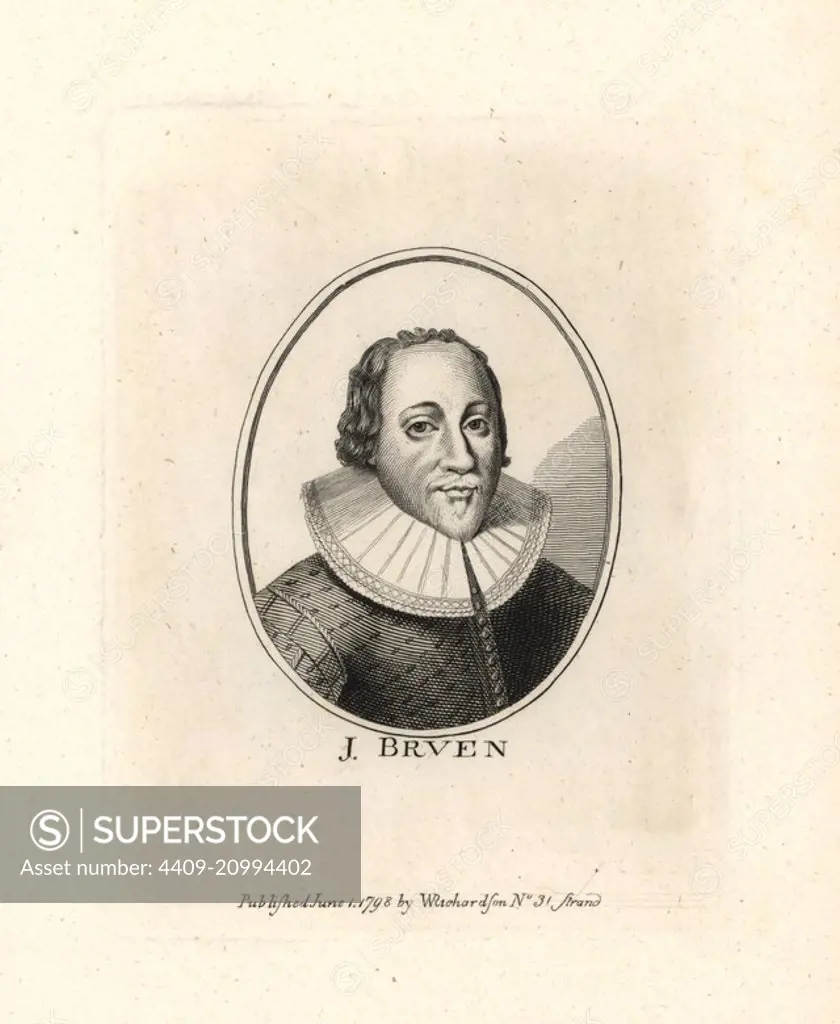 John Bruen of Stapleford, educated at Alban Hall, Puritan gentleman-commoner, died 1625. Copperplate engraving from William Richardson's Portraits Illustrating Granger's Biographical History of England, London, 17921812. James Granger (17231776) was an English clergyman, biographer, and print collector.